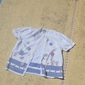 Alfred Dunner Kids White and Blue Embroidered Button Down Shirt